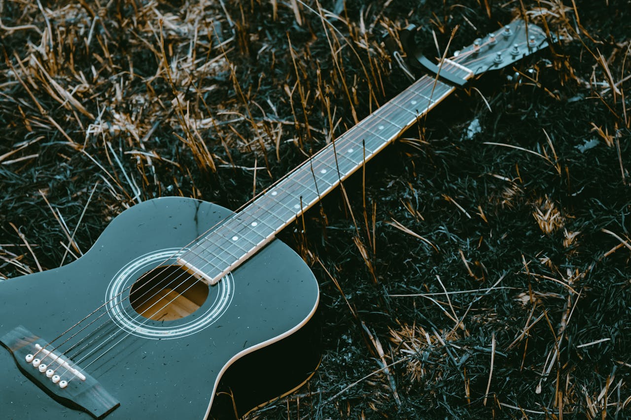 Close-up of an acoustic guitar placed on dry grass, capturing a serene, rustic vibe.